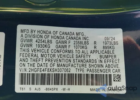 2025 Honda Civic Hybrid Sport/Sport Touring from USA, damaged, VIN 2HGFE4F8XSH307062